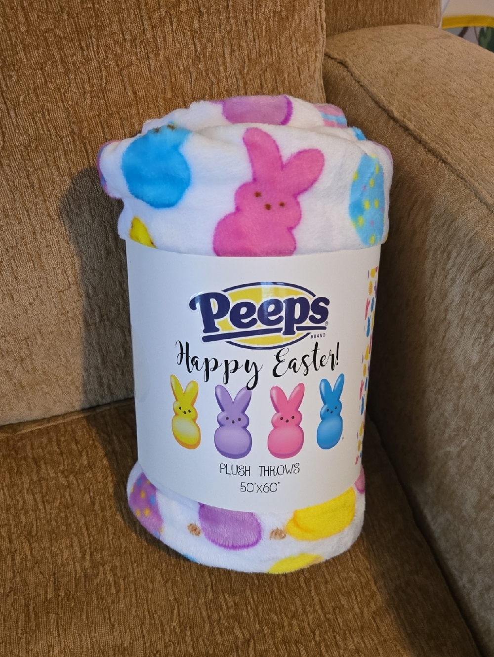 Peeps Plush Easter Throw Blanket - White with Pink, Blue, Yellow Bunnies